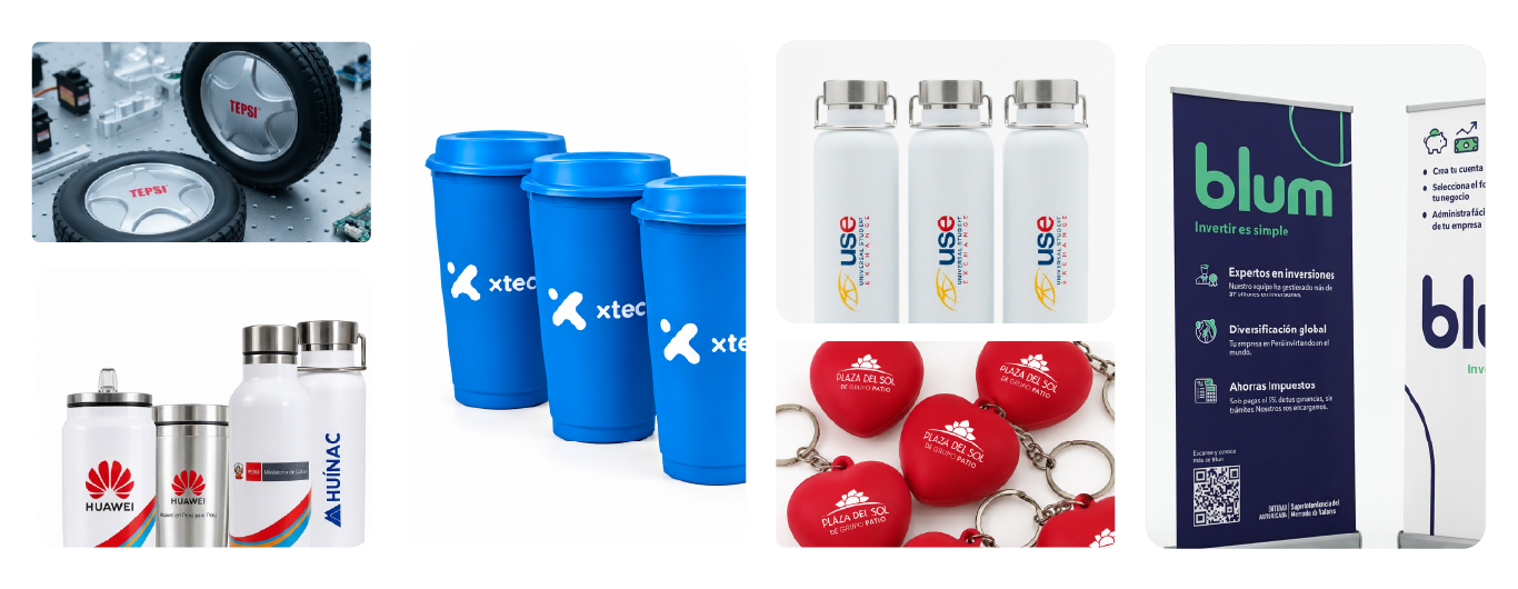 Más trabajos realizados: productos tecnológicos, vasos, tomatodos y artículos promocionales personalizados.